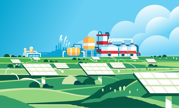 Vector landscape field with solar panels sustainable renewable green energy concept scenery with ecofriendly electricity resources power plan factory