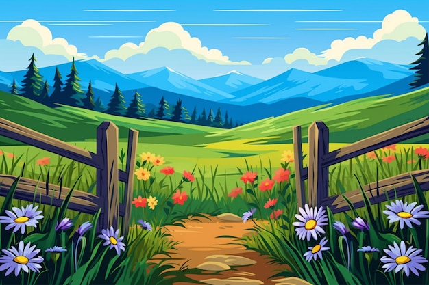 Landscape of flowers and grasses with a wooden fence