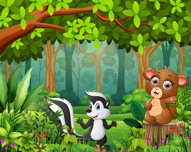 Landscape forest cartoon of green in spring with animal