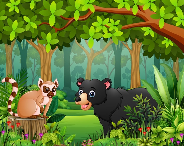 Landscape forest cartoon of green in spring with animal