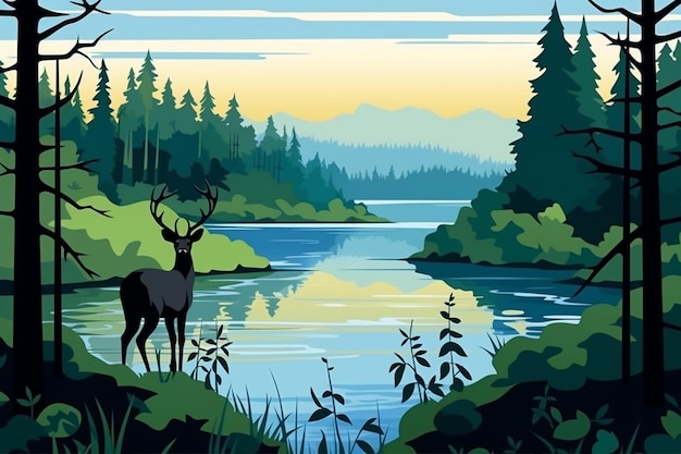 Landscape of forest and lake on deer