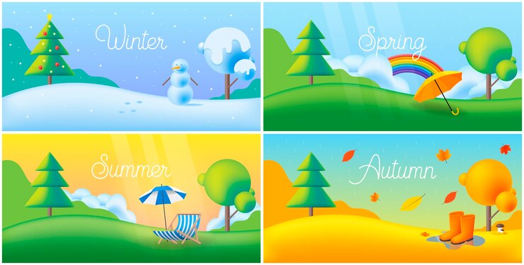 वेक्टर landscape four seasons - winter, spring, summer, autumn with lawn and trees.