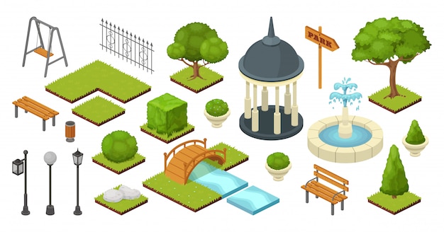 Landscape garden outdoor nature elements in isometric park illustration isolated on white. Gardening summer set