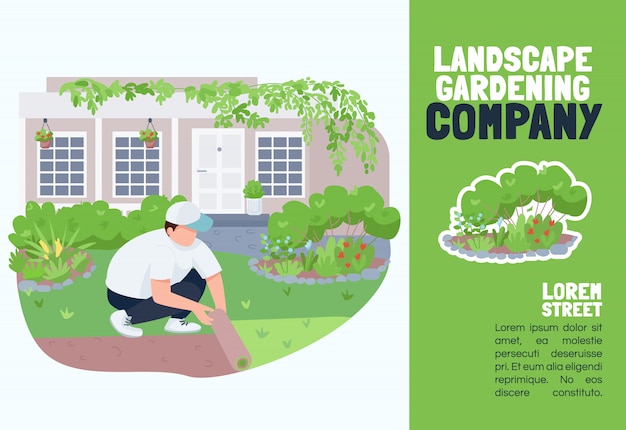 Landscape gardening company    template. Brochure, poster concept  with cartoon characters. Courtyard greening service, lawn care horizontal flyer, leaflet with place for text