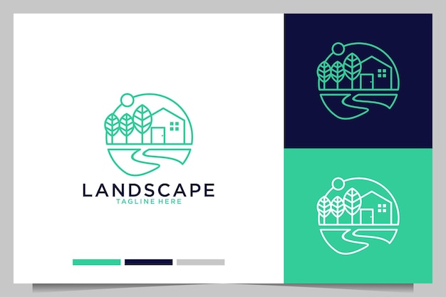 Landscape green house with tree line art style logo design