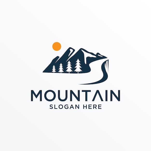 Landscape Hills minimalistisch Mountain-logo met bomen en wegvectorsjabloon