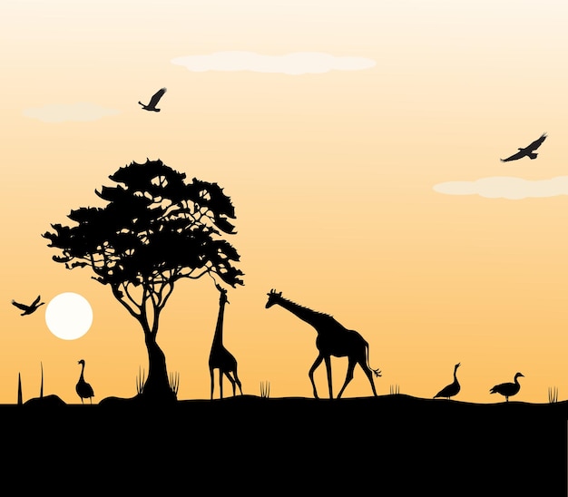 Vector landscape illustration of animals on the savanna in the afternoon