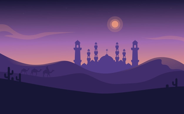 Vector landscape illustration of final ramadan kareem with silhouette of mosque in desert