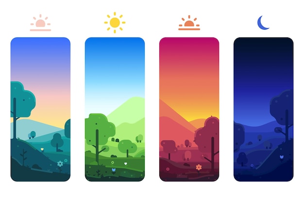 Landscape illustration of four times of day with icons