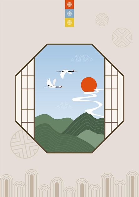 Landscape illustration looking out of a traditional Korean window