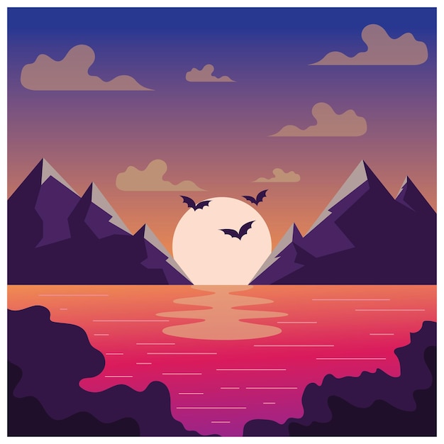 風景イラスト丘空月雲太陽松湖と自然の風景の背景