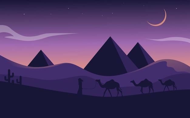 Landscape illustration of Ramadan kareem with silhouette of pyramid camel and cactus in desert