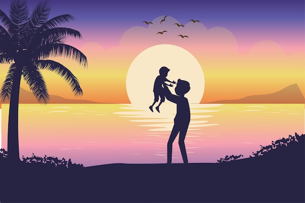 Landscape illustration of son with dad by the beach