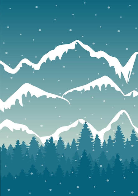 Vector landscape illustration of winter snowy peaks snowy panorama minimalist wall decor