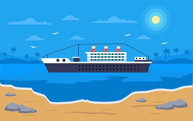 landscape illustration with Beautiful container ship ocean night view vector illustration