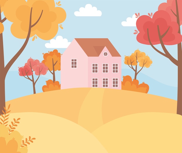 秋の自然シーンの風景、丘経路の木の葉の家