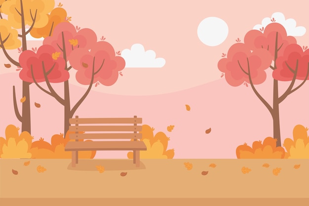 Пейзаж в осенней сцене, осенние листья деревья луг природа скамейка парк