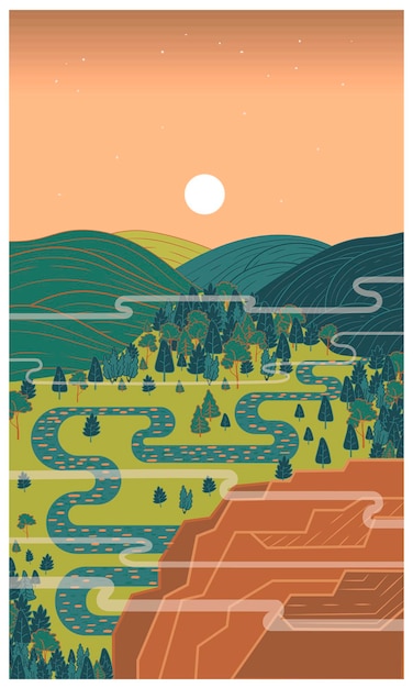 ベクトル 山、木、岩、川と日本のスタイルの風景ベクトルイラストポスター