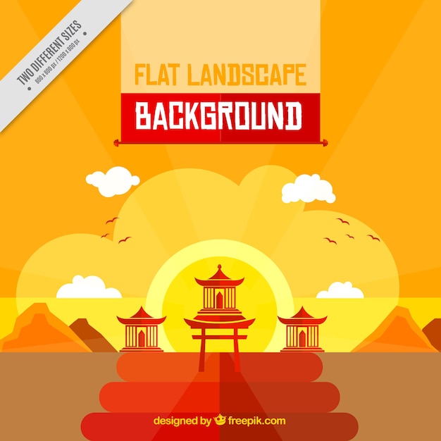 Landscape japan background at sunset in flat design