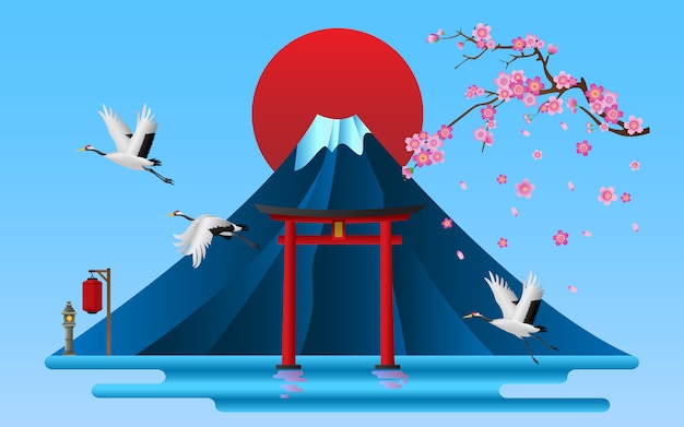 Landscape of Japanese cultural symbols, vector illustration