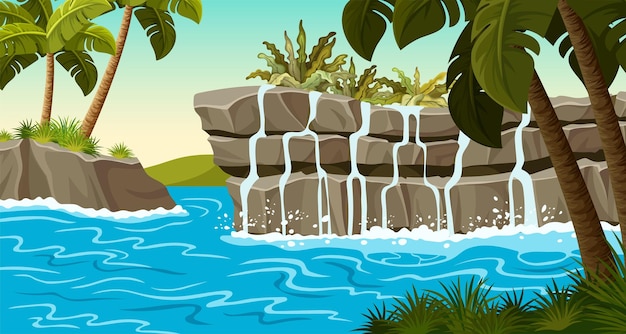 Vector landscape jungle with waterfall on stone rocks