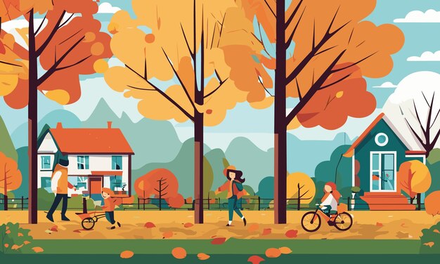 벡터 풍경 아이들은 가을에 평평한 스타일의 삽화로 마당에서 놀아요