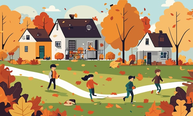 벡터 풍경 아이들은 가을에 평평한 스타일의 삽화로 마당에서 놀아요