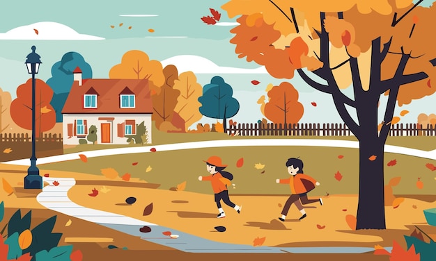 ベクトル フラットスタイルのイラストで秋に庭で遊ぶ子供たちの風景