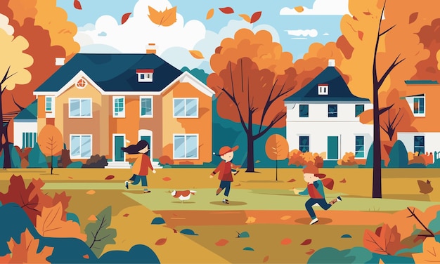 Landscape kids play in the yard in autumn in flat style illustration