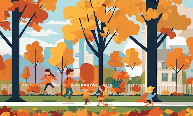 Пейзажные дети играют во дворе осенью в плоском стиле иллюстрации