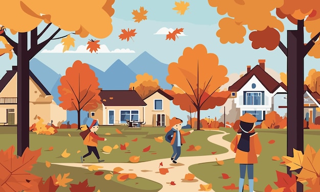 Landscape kids play in the yard in autumn in flat style illustration