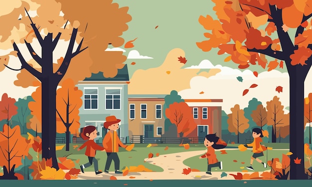 Landscape kids play in the yard in autumn in flat style illustration