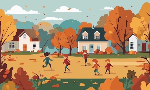 Landscape kids play in the yard in autumn in flat style illustration