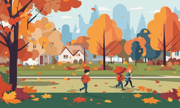 I bambini del paesaggio giocano nel cortile in autunno in un'illustrazione in stile piatto