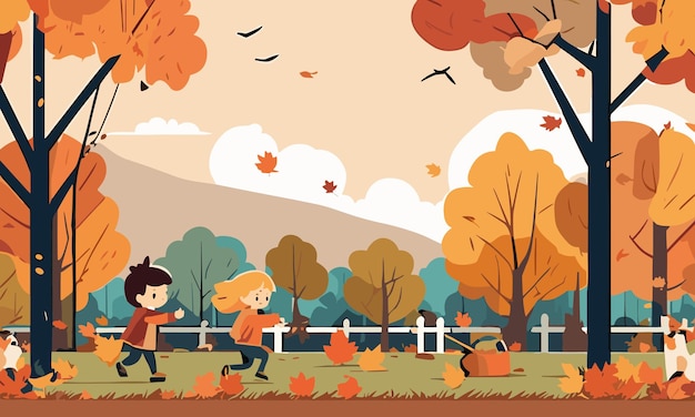 I bambini del paesaggio giocano nel cortile in autunno in un'illustrazione in stile piatto