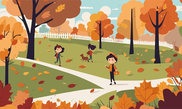 I bambini del paesaggio giocano nel cortile in autunno in un'illustrazione in stile piatto