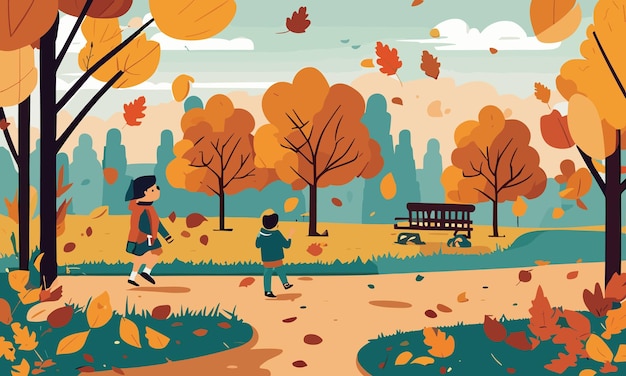 I bambini del paesaggio giocano nel cortile in autunno in un'illustrazione in stile piatto