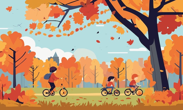 Пейзажные дети играют во дворе осенью в плоском стиле иллюстрации