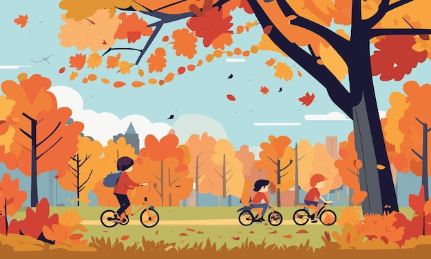 Landscape kids play in the yard in autumn in flat style illustration