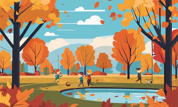 I bambini del paesaggio giocano nel cortile in autunno in un'illustrazione in stile piatto