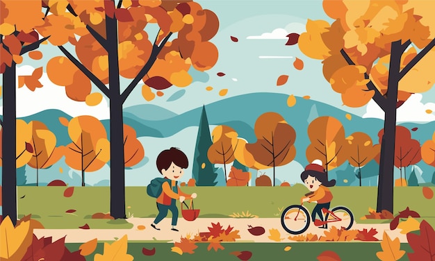 Vector landscape kids play in the yard in autumn in flat style illustration