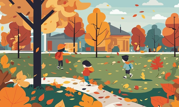 フラットスタイルのイラストで秋に庭で遊ぶ子供たちの風景