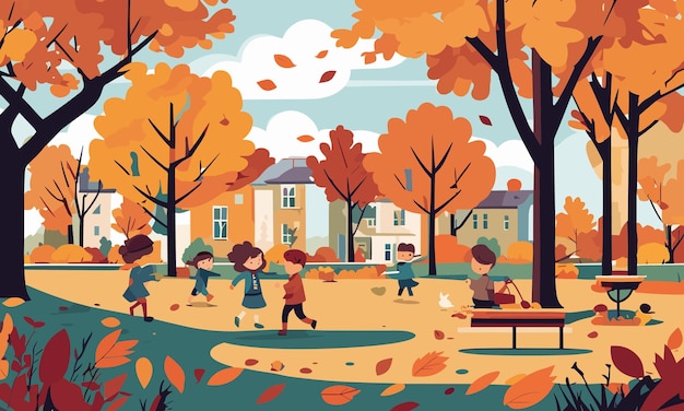 Vector landscape kids play in the yard in autumn in flat style illustration