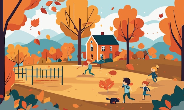 Vector landscape kids play in the yard in autumn in flat style illustration