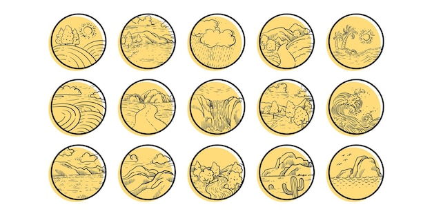 Landscape and landforms icon set Natural terrain line stroke hand drawn