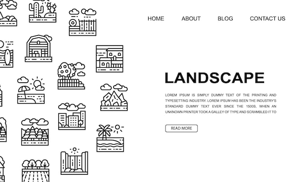 Landscape landing page template in line style bridge forest garden volcano windmill illustration design concept for web page design