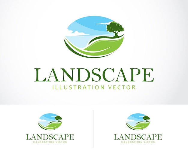 Landscape logo creative tree pines garden sun illustration vector