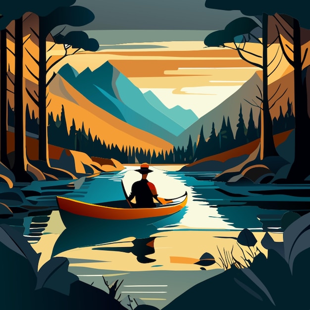 landscape man in a canoe on river vector illustration