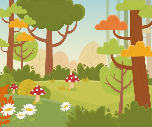 landscape meadow flowers mushroom trees nature foliage illustration