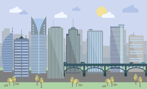 The landscape of the modern city with cars. Vector illustration.